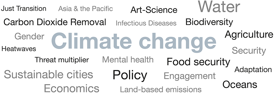 A word cloud showing climate change research themes in 2019, with Climate change the largest word