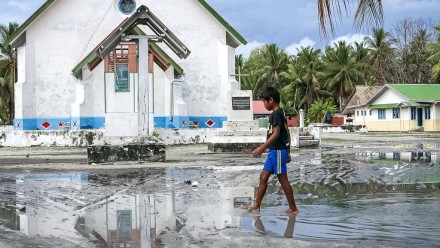 The main square of Nui Island is still under water over a month after Cyclone Pam created huge waves.