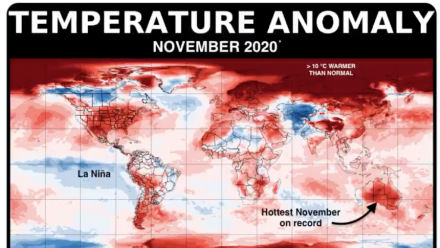 A map of the globe showing temperature anomalies - red shows hotter temperatures, blue shows cooler. The majority of the globe is showing as red.