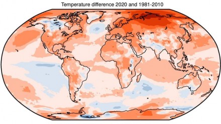 A heat map of the world, showing the difference in temperature between 2020 and 1981-2010. The majority of the map is varying shades of red, indicating large areas of warming.