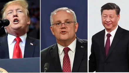 Three images cropped together - featuring Donald Trump, Scott Morrison, and Xi Jinping