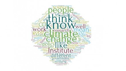 A word cloud based on interviews conducted for the CCI Evaluation, with the most prominent words being 'climate change', 'think' and 'know'..