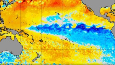 A visualisation of the cooler waters in the Pacific which are a distinctive element of a La Nina.