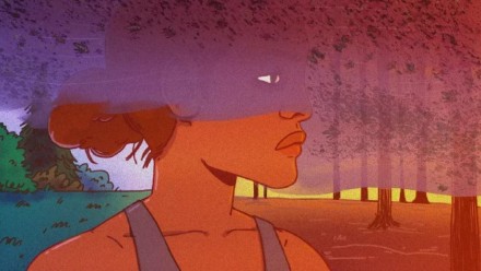 An artistic picture of a woman staring into a forest of dead trees with smoke billowing out of it, with a forest of living trees behind her