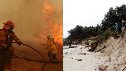 Two photographs side-by-side - one is of firefighters battling a blaze, another is of coastal erosion at Byron Bay.