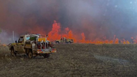 A photograph of two fire-fighting utes parked near a grass fire.