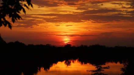 A photograph of the sun setting over a lake, with the sky all a deep orange colour.