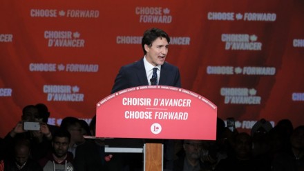 A photograph of Canadian Prime Minister Justin Trudeau addressing party members at the Liberal Party campaign headquarters in Montreal, Canada, in October 2019.