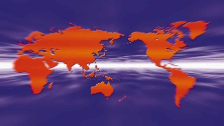 An artistic depiction of the world map in purple and red.