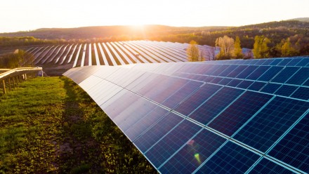 Solar panels in solar farm with sun lighting