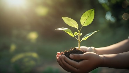 Image of hands holding a seedling in a clump of dirt