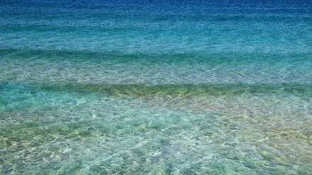 A photograph of clear, shallow ocean waters with three gentle waves rolling in.