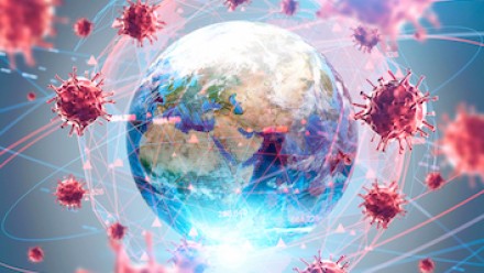 An artistic illustration of the globe, with coronavirus particles floating around it.