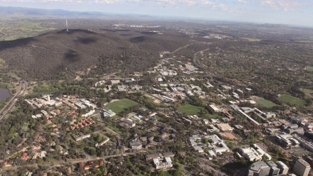 An aerial view of the ANU Campus, on a clear sunny day.
