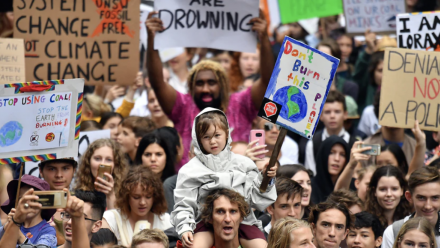 Thousands of school students from across Sydney attend the global #ClimateStrike rally at Town Hall in March, 2019.