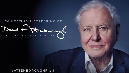 The promotional poster for A Life on Our Planet film screening, with a picture of David Attenborough wearing a suit and smiling at the camera, with a dark blue/grey background.
