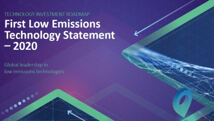 The front cover of the Coalition's Low Emissions Technology Statement, reading 'Technology Investment Roadmap - First Low Emissions Technology Statement - 2020'.