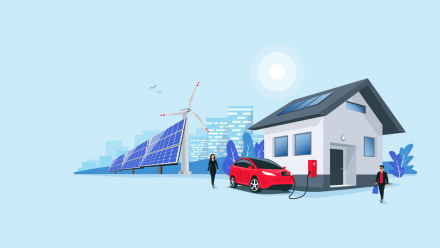 An illustration of wind turbines next to a house, with an electric car plugged into it for charging, and two people walking past the house.
