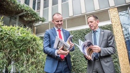 Chief Minister Andrew Barr (left) and Member for Molonglo Shane Rattenbury at the announcement of the ACT's next major phase of climate action. Picture: Karleen Minney