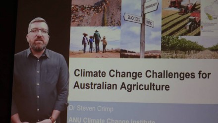 A screenshot of Dr Steven Crimp giving a presentation, with the slide &#039;Climate Change Challenges for Australian Agriculture&#039; as the title.