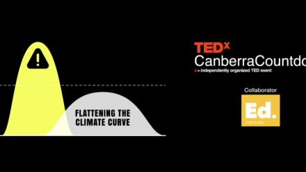 The promotional picture for TEDxCanberra's event, showing a graph with a steeply climbing and falling dataset, and a more shallow curved dataset.