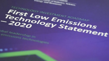 A photograph of the front cover of the Coalition&#039;s Low Emissions Technology Statement, reading &#039;Technology Investment Roadmap - First Low Emissions Technology Statement - 2020&#039;.