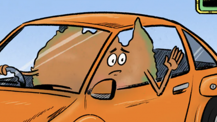 A cartoon drawing of Australia with a face, driving a car and waving out of the window.