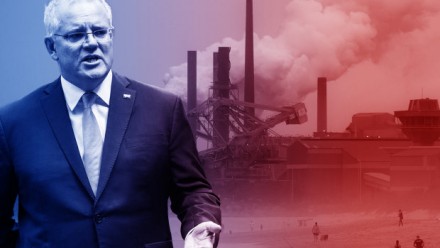 An edited photograph of Scott Morrison superimposed over a coal-fired power station.