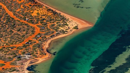 Abstract aerial view of blue-green water in shifting red deposition of sediment gradually moving through alluvial plains of Francois Peron National Park and surround area in Western Australia.