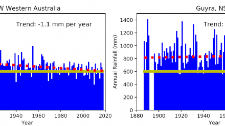 Long-term rainfall records for Perth (left) and Guyra (right). Dashed red line shows the trend and the full yellow line shows 600 mm annual rainfall. Bureau of Meteorology