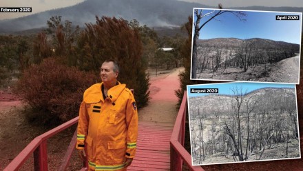 ACT Rural Fire Service chief officer Joe Murphy at the Namadgi Visitor Centre in February. Inset: The eastern side of Namadgi, four months apart.