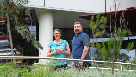 A photograph of Monica van Wensveen and Steven Crimp, standing outside and smiling towards the camera.
