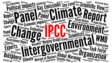 Words in black scattered on white background,related to the Intergovernmental Panel for Climate Change reports, like climate, report, panel, political impacts - then IPCC in red in the middle of the image.