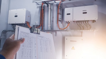Clipboard in front of electrical equipment.