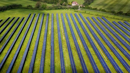 An aerial photograph of a large green grass field covered in solar panels.