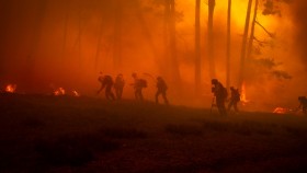 Firefighters suppressing wildfire