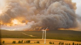 Photo of bushfire and smoke behind wind farm