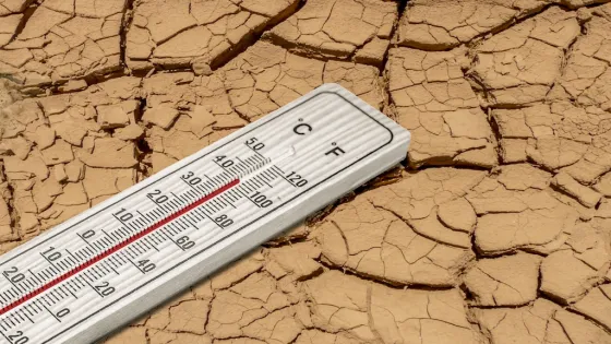 Thermometer on dry mud - Image:Adobe.